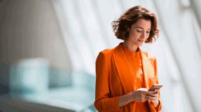 A woman with short, wavy hair wearing an orange suit is standing indoors, looking down at her smartphone. Soft natural light bathes the space, highlighting her focused expression and the modern architectural background.