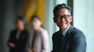 A smiling man in a business suit and glasses, seated in a well-lit environment. He has short, styled hair and is facing the camera. In the background, two blurred figures can be seen, suggesting a professional setting. The overall mood conveys confidence and approachability.
