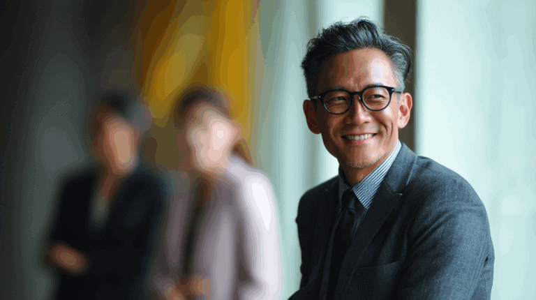 A smiling man in a business suit and glasses, seated in a well-lit environment. He has short, styled hair and is facing the camera. In the background, two blurred figures can be seen, suggesting a professional setting. The overall mood conveys confidence and approachability.