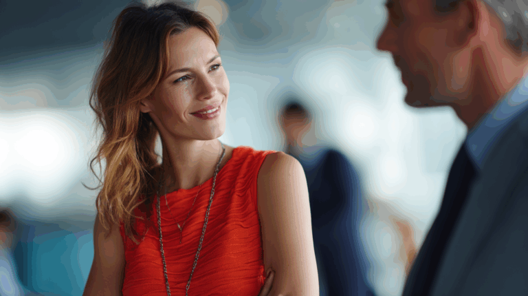 A smiling woman with wavy hair, wearing a vibrant orange dress, leans slightly forward while engaging in conversation. The background features blurred figures in a business setting, suggesting a professional atmosphere. The focus is on her expressive face and warm demeanor.