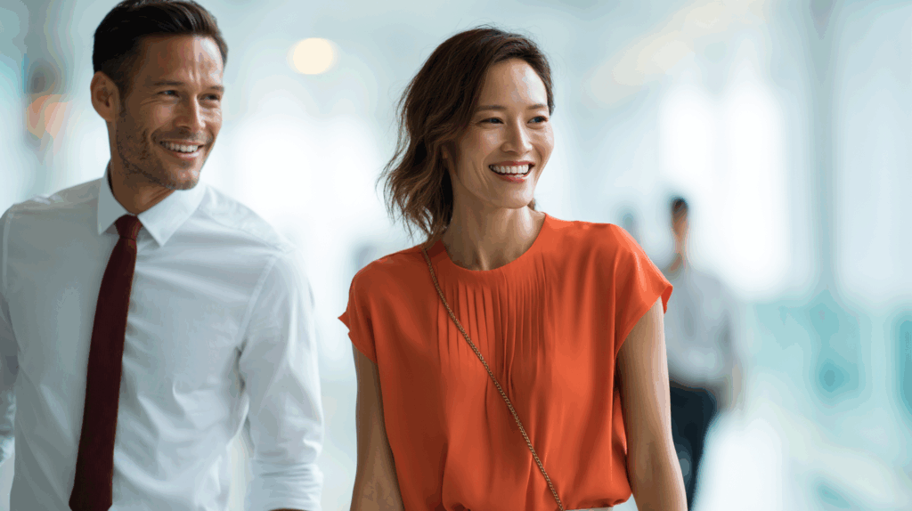 A joyful man in a white shirt and red tie walks beside a smiling woman in an orange blouse. They appear to be in a bright, modern indoor setting, conveying a sense of professionalism and camaraderie. A blurred figure can be seen in the background, enhancing the lively atmosphere.