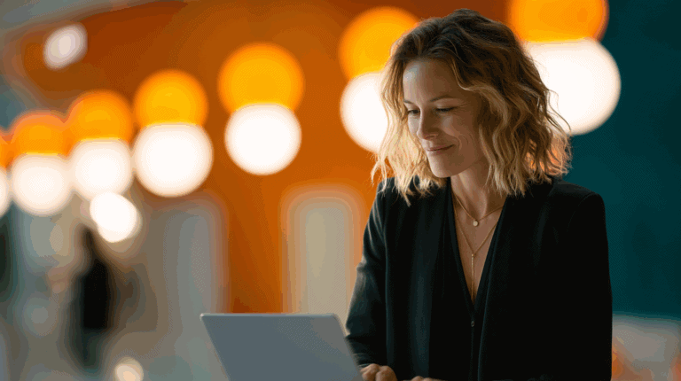 A woman with blonde, wavy hair is smiling while using a laptop. She is dressed in a black blazer and stands in a modern indoor setting with colorful, softly blurred lighting in the background, creating a warm and inviting atmosphere.