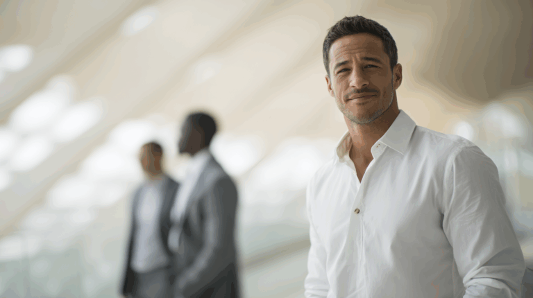 A confident man in a white button-up shirt stands in a modern indoor setting, smiling slightly. In the background, two blurred figures in suits appear, suggesting a professional environment. The image features soft lighting and architectural elements, creating a sophisticated atmosphere.