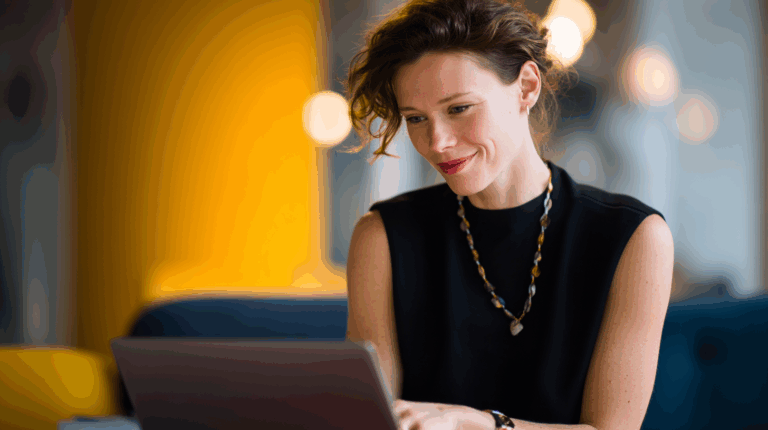 A woman with curly hair sits at a table working on a laptop. She is wearing a black sleeveless top and a colorful necklace. The background features warm yellow and blue hues, with soft lighting that creates a cozy atmosphere. She appears focused and engaged in her task.