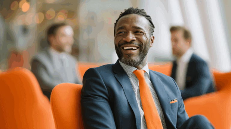 A smiling man in a business suit and orange tie sits comfortably in a modern office environment. He has short, curly hair with some gray and is engaged in conversation. In the background, two other men in suits are partially visible, hinting at a professional meeting or social gathering. Bright orange seating adds a vibrant touch to the setting.