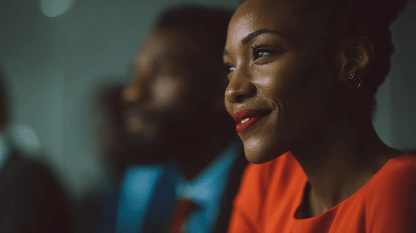 A close-up of a smiling woman with dark skin wearing an orange dress and gold hoop earrings. She has a natural hairstyle and is looking thoughtfully, with a blurred figure of a man in a suit slightly visible in the background. The image captures a moment of engagement and positivity.