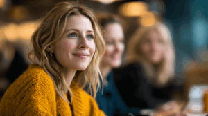 A smiling woman with wavy blonde hair wears a cozy mustard-colored sweater. She gazes thoughtfully, with blue eyes and a subtle smile. In the background, two blurred figures can be seen, contributing to a warm, social atmosphere. The image captures a moment of connection and engagement.