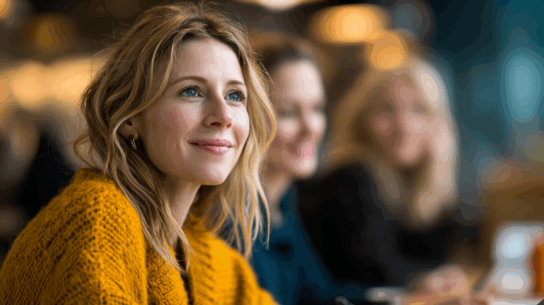 A smiling woman with wavy blonde hair wears a cozy mustard-colored sweater. She gazes thoughtfully, with blue eyes and a subtle smile. In the background, two blurred figures can be seen, contributing to a warm, social atmosphere. The image captures a moment of connection and engagement.