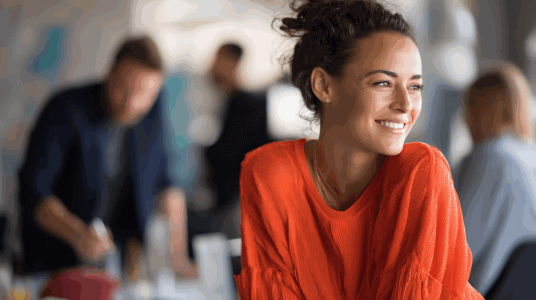 A woman with curly hair wearing an orange top smiles while seated at a table. In the background, a man is partially visible, focused on tasks at a desk, creating a casual, lively atmosphere. The setting appears to be a modern café or workspace with soft, natural lighting.
