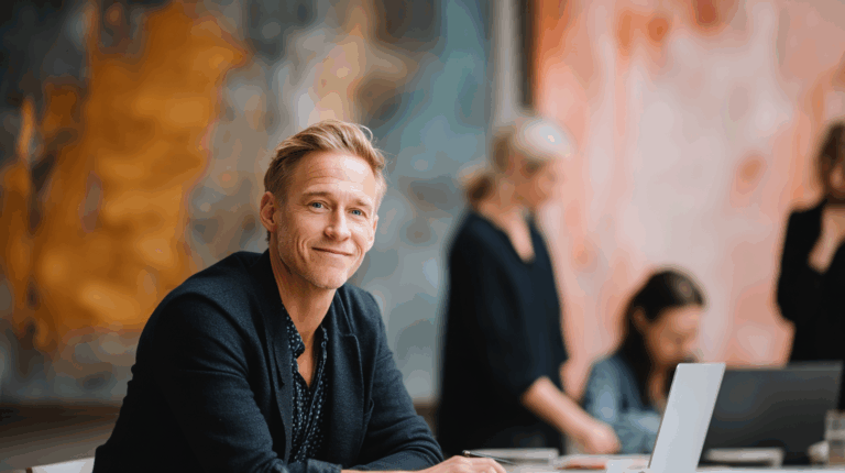 A smiling man sits at a table in a modern office environment, dressed in a black jacket over a patterned shirt. In the background, three people engage in a collaborative meeting, with soft-focus artwork on the walls and laptops on the table, conveying a creative and professional atmosphere.