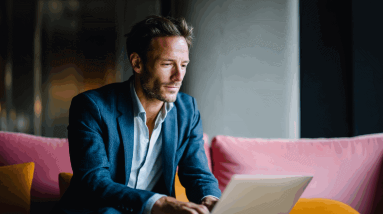 A businessman in a blue blazer sits focused on a laptop in a modern, stylish lounge. Soft pink and yellow cushions surround him, and natural light filters in, creating a warm atmosphere. He appears engaged and thoughtful as he works or studies.