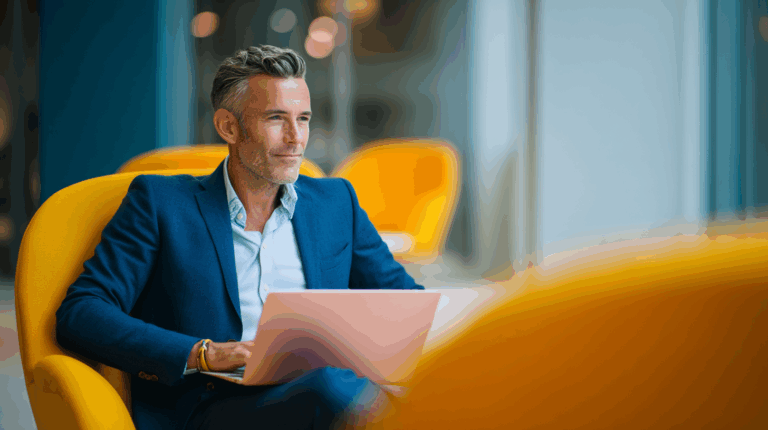 A businessman with gray hair sits comfortably in a bright yellow armchair, focused on a light pink laptop. He wears a blue suit and a light blue shirt, showcasing a relaxed yet professional demeanor in a modern workspace. The background features soft lighting and blurred furnishings, highlighting a serene atmosphere.