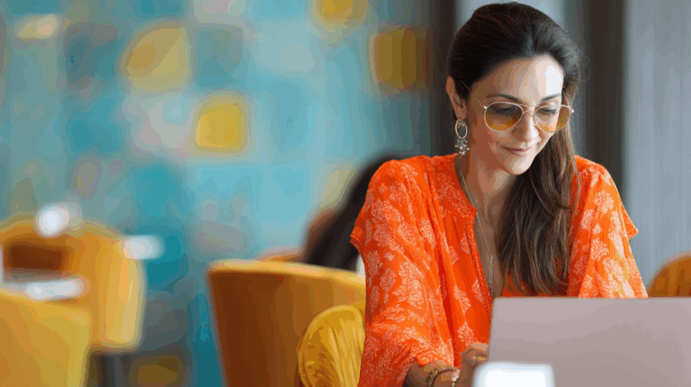 A woman in an orange patterned blouse sits at a café, focused on her laptop. She wears stylish sunglasses and earrings, with her hair down. The background features a colorful wall design and soft, yellow chairs, creating a warm and inviting atmosphere.