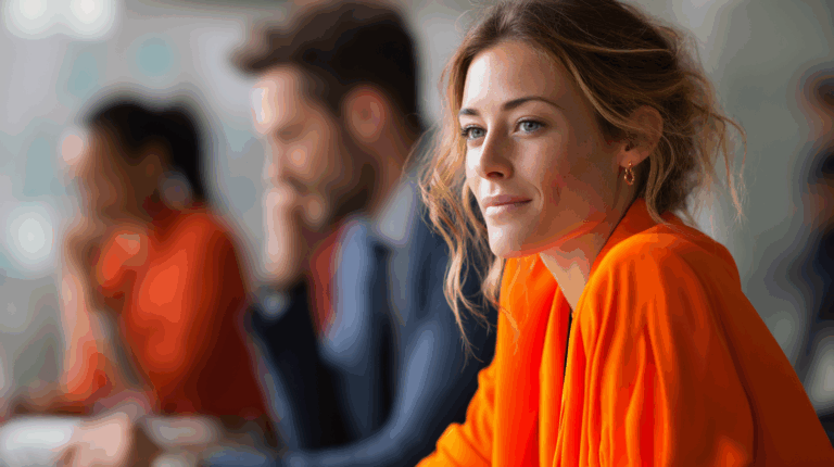 A woman with long, wavy hair wearing an orange blouse is smiling softly while seated at a conference table. In the background, two other individuals are engaged in conversation, one dressed in a suit and the other in a bright outfit. The setting appears to be a modern office environment.