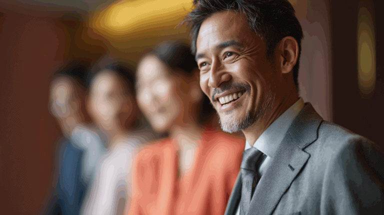 A smiling man in a suit is foregrounded, exuding confidence and warmth. Blurred figures of three people in the background suggest a social or professional gathering. The scene conveys a positive and engaging atmosphere, likely during a conversation or event.