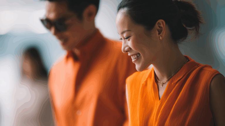 A smiling woman wearing an orange top and gold jewelry stands alongside a man in sunglasses and an orange shirt. They appear to be enjoying a moment together, with a blurred background suggesting a relaxed atmosphere. The focus is on their cheerful expressions and vibrant clothing.