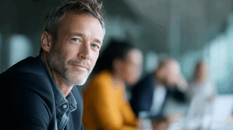 A professional-looking man with short, tousled gray hair and a beard is smiling slightly while seated at a conference table. He wears a dark jacket over a denim shirt. In the background, blurred figures of three people are engaged in discussion, creating an office environment.