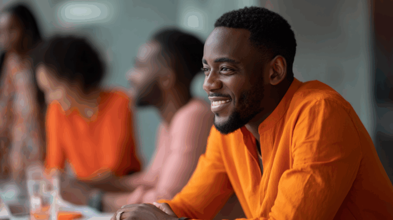 A smiling man in an orange shirt sits at a table, engaged in conversation with others blurred in the background. The setting appears casual and collaborative, with a glass of water in front of him, suggesting a relaxed atmosphere. The focus is on his joyful expression and attentive demeanor.