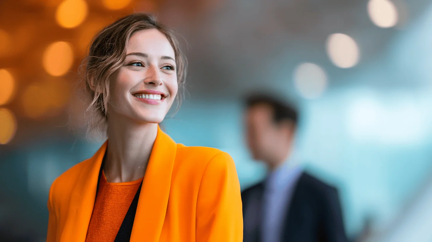 A smiling woman with wavy hair is wearing an orange blazer over a matching top, standing in a bright, blurred environment. A man in a suit is slightly visible in the background. The scene conveys a warm and positive atmosphere, ideal for a business or social setting.