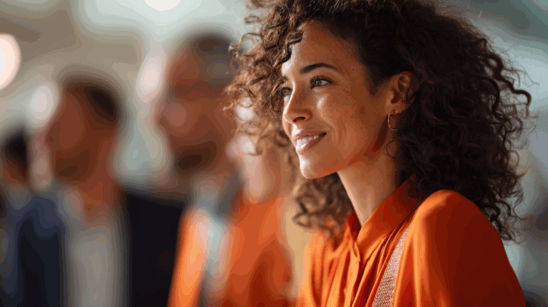 A woman with curly hair, wearing a vibrant orange blouse, smiles warmly. She is in a blurred background, surrounded by other people in formal attire. The focus is on her cheerful expression, conveying a sense of engagement and positivity in a social or professional setting.