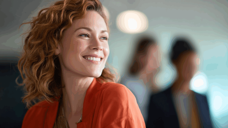 A smiling woman with curly hair, wearing an orange top, looks cheerfully to the side. She is in a softly blurred environment with indistinct figures in the background, suggesting a social or professional setting. The lighting is warm, creating a welcoming atmosphere.