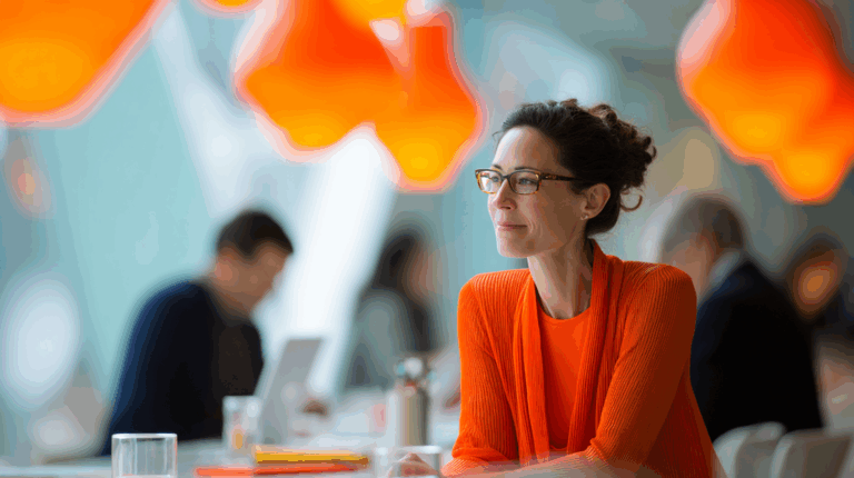 A woman with curly hair and glasses sits at a café, wearing a bright orange outfit. She gazes thoughtfully into the distance. In the background, blurred figures can be seen, along with modern orange pendant lights hanging from the ceiling, creating a vibrant and lively atmosphere.