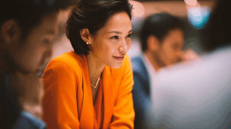 A woman with short dark hair, wearing a vibrant orange blazer, smiles thoughtfully while seated at a table. She is surrounded by blurred figures of people engaged in conversation, creating an atmosphere of collaboration and focus in a modern setting.