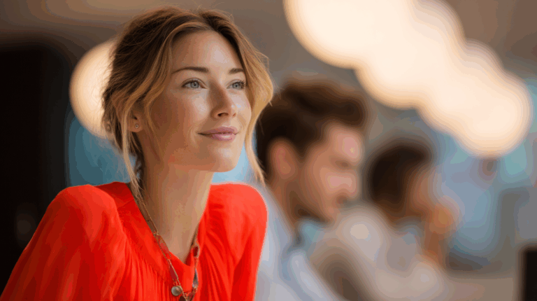 A young woman with blonde hair smiles thoughtfully while wearing a vibrant orange blouse. She sits in a modern workspace, with softly blurred background figures and round lights creating a warm atmosphere. The image conveys a sense of optimism and focus.