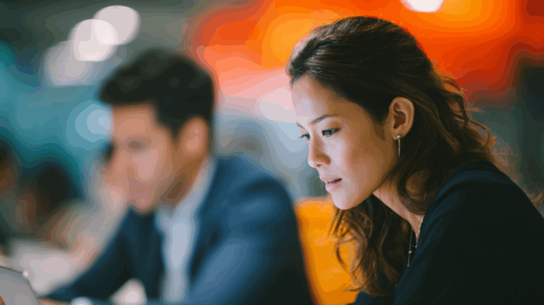 A woman with long, wavy hair is focused on a tablet, appearing thoughtful and engaged. In the background, a man is partially visible, also working on a device, in a modern workspace with blurred lighting and colors. The ambiance suggests a collaborative and creative environment.