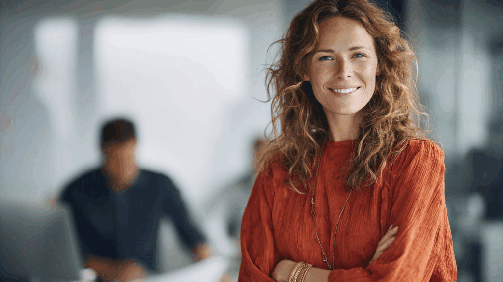 A smiling woman with wavy brown hair wearing an orange blouse stands confidently with her arms crossed. She is in a modern office setting with blurred colleagues in the background, suggesting a collaborative environment. The atmosphere is bright and professional, highlighting a positive workplace.