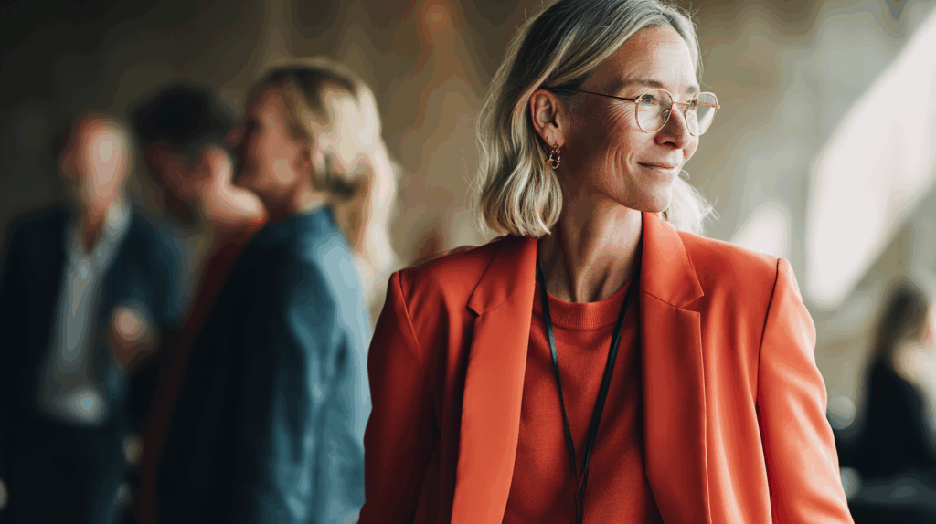 A woman with shoulder-length blonde hair smiles while wearing an orange blazer over a matching top. She is in a professional setting, with blurred figures of other people in the background, suggesting a social or networking event. The lighting is warm, creating an inviting atmosphere.