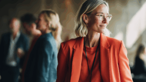 A woman with shoulder-length blonde hair smiles while wearing an orange blazer over a matching top. She is in a professional setting, with blurred figures of other people in the background, suggesting a social or networking event. The lighting is warm, creating an inviting atmosphere.