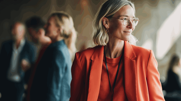A woman with shoulder-length blonde hair smiles while wearing an orange blazer over a matching top. She is in a professional setting, with blurred figures of other people in the background, suggesting a social or networking event. The lighting is warm, creating an inviting atmosphere.
