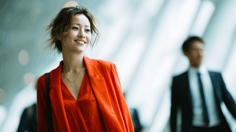 A woman in a vibrant orange blazer smiles confidently while walking in a modern setting. She has tousled hair and a simple gold necklace. Blurred figures in formal attire are visible in the background, suggesting a busy environment. Natural light enhances the contemporary atmosphere.