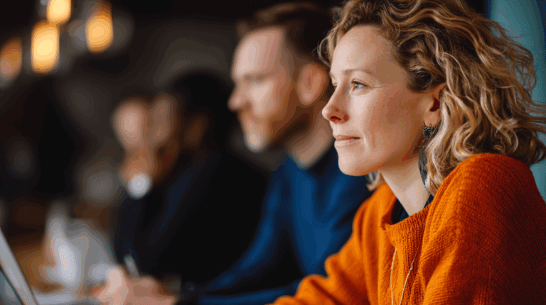 A group of people engaged in a discussion, with a focus on a woman wearing an orange sweater and large earrings. She is seated, looking thoughtfully to the side. Blurred figures of individuals are present in the background, creating an atmosphere of concentration and collaboration in a warm, inviting setting.