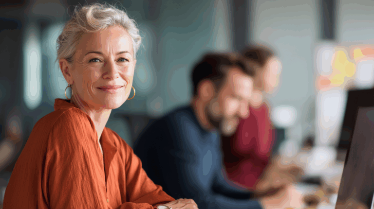A smiling woman with short, curly blonde hair sits in a modern office environment. She wears a rust-colored blouse and large hoop earrings. In the background, two colleagues are focused on their work at desks. The atmosphere appears professional and collaborative.