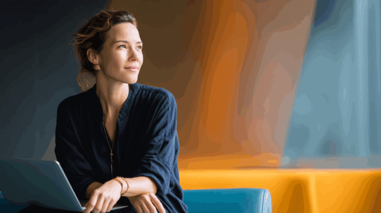 A woman with wavy hair sits thoughtfully on a blue couch, looking out of frame. She wears a dark top and has a laptop open in front of her. The background features abstract shapes in warm colors, creating a modern and vibrant atmosphere.