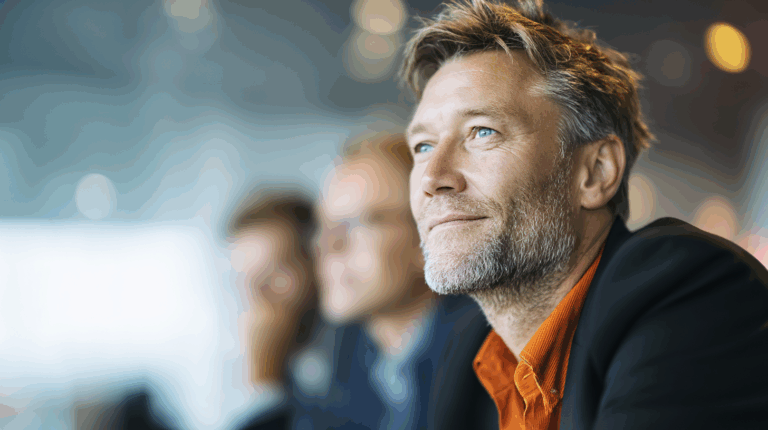 A focused man with short, tousled hair and a trimmed beard gazes thoughtfully off-screen. He wears a black blazer over a vibrant orange shirt. Blurred figures in the background suggest a professional setting, enhancing the contemplative mood of the image. Natural lighting adds warmth to the scene.