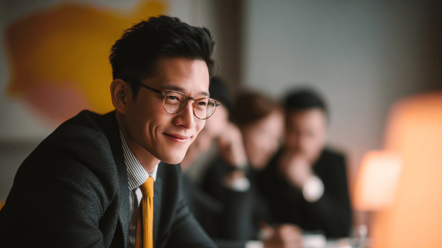 A smiling man wearing glasses and a suit sits at a conference table, with a striped shirt and an orange tie. In the background, several blurred people are engaged in discussion, creating a professional and collaborative atmosphere. The setting is modern and stylish, with soft lighting.