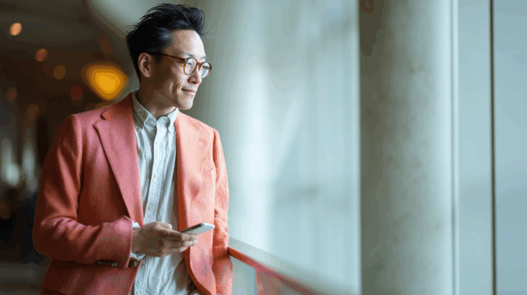 A smiling person stands by a window, holding a smartphone. They are wearing an orange blazer over a white shirt. Soft lighting creates a warm ambiance, with a blurred background featuring a column and out-of-focus elements, suggesting an indoor setting.