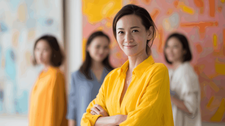 A confident woman in a bright yellow shirt smiles at the camera while standing in the foreground. Blurred figures of three other women are visible in the background amidst colorful abstract artwork, creating a warm and inviting atmosphere.