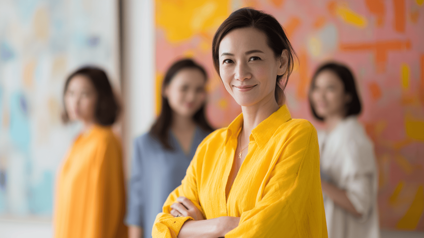 A confident woman in a bright yellow shirt smiles at the camera while standing in the foreground. Blurred figures of three other women are visible in the background amidst colorful abstract artwork, creating a warm and inviting atmosphere.