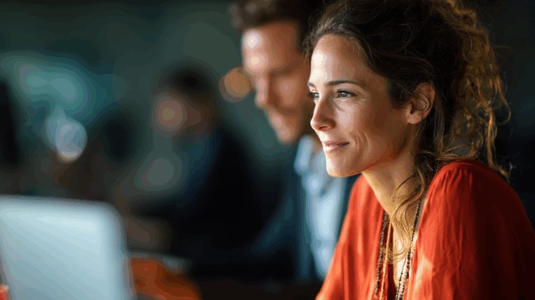 A woman with wavy hair smiles while sitting at a desk, wearing an orange top and layered necklaces. A blurred figure of a man is visible in the background, alongside a laptop. The setting appears to be a modern workspace with soft lighting, creating a focused yet relaxed atmosphere.