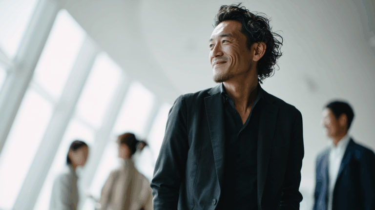 A smiling man with curly hair wearing a black blazer stands confidently, looking to the side. In the background, blurred figures of two individuals engage in conversation, set against a bright, spacious environment with large windows. The scene conveys a professional and positive atmosphere.