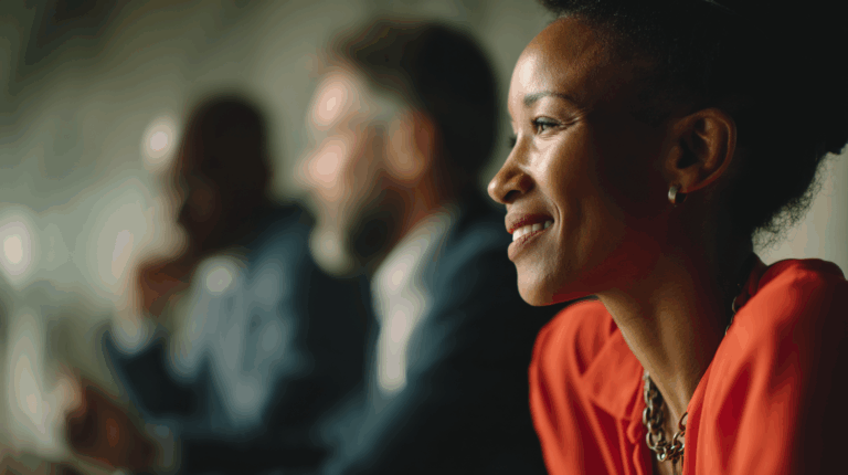 A close-up of a woman with a bright smile, wearing an orange blouse and a necklace, seated in a meeting or discussion. In the background, two blurred figures in suits are partially visible, hinting at a collaborative or professional environment. The setting appears warm and engaging.