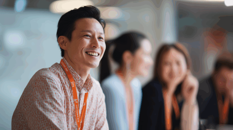 A smiling man with short dark hair, wearing a patterned shirt and an orange lanyard, sits in a conference or meeting setting. He is surrounded by blurred figures of others sitting nearby, all appearing engaged in conversation or discussion. The setting suggests a collaborative atmosphere.