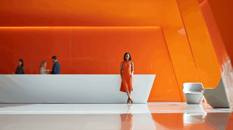 A modern reception area featuring a striking orange wall. A woman in an elegant orange dress leans against a sleek white countertop. In the background, two individuals converse while another woman stands nearby. The floor reflects the vibrant colors, enhancing the contemporary aesthetic of the space.