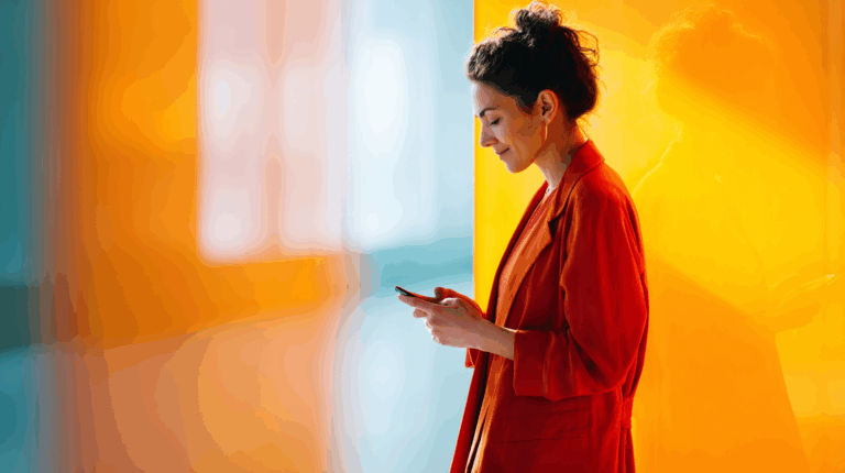 A woman in a vibrant orange blazer stands against a bright blue and orange backdrop, engrossed in her smartphone. Soft lighting enhances the colors, creating a warm and inviting atmosphere. Her expression is calm and focused, with her hair styled in a casual updo.