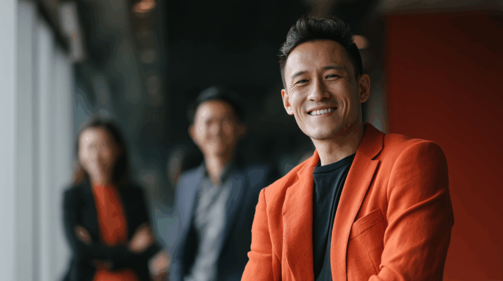 A smiling man in an orange blazer and black shirt poses confidently in a modern setting. Two blurred individuals are visible in the background, suggesting a collaborative atmosphere. The backdrop features large windows, allowing natural light to fill the space.