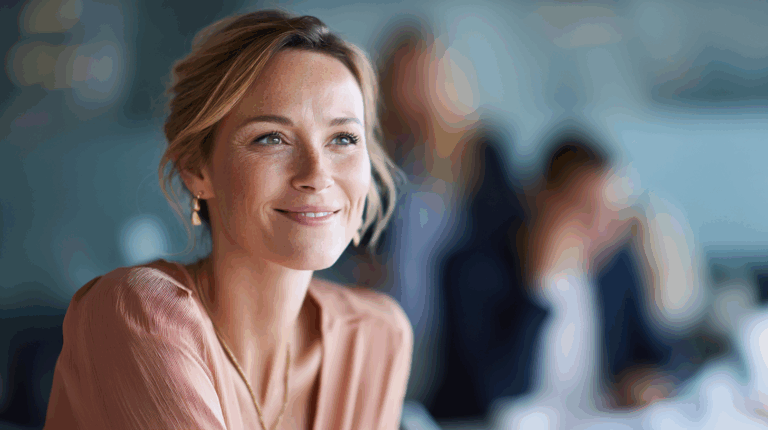 A close-up of a smiling woman with medium-length blonde hair, wearing a soft pink blouse and delicate earrings. She appears engaged and happy, with a blurred background of people in a professional setting. The focus is on her warm expression, suggesting a positive atmosphere.
